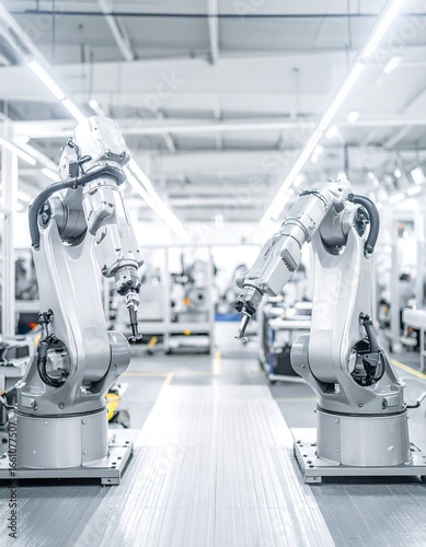 Industrial robotic arms in a clean, modern factory