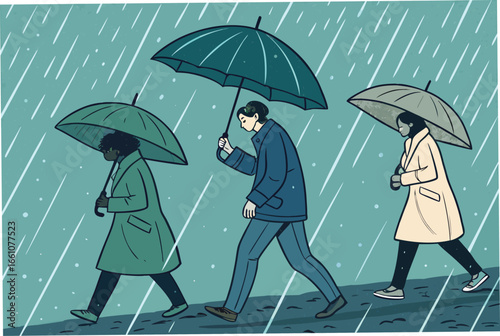 Mourners with umbrellas stand in heavy rain, a somber procession under a gloomy sky, evoking grief and remembrance.