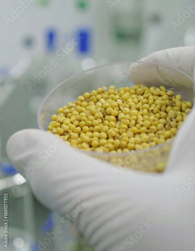 Handheld Petri dish with yellow seeds