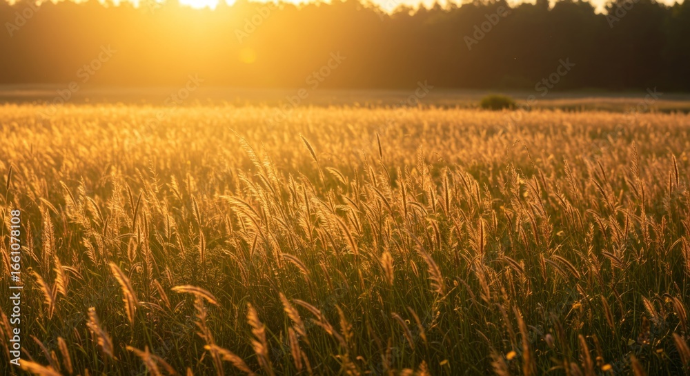 Fototapeta premium Golden Sunset over a Serene Grass Field