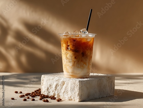 Ice americano black coffee cold brew beans in glass on wood table close up popular iced coffe menu in the summer at cofee shop copy space	