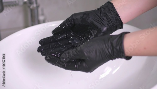 Hands in black gloves washing