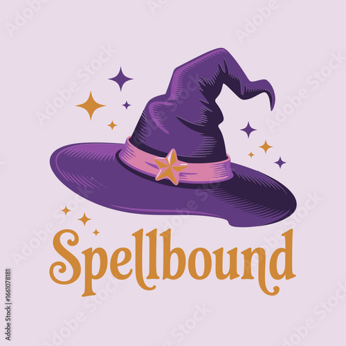 Spellbound witch hat vector, purple sorcerer hat with stars and sparkles, magical Halloween symbol, mystical design, sticker emblem, t shirt print, merch