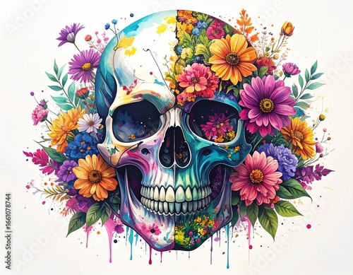 Vibrant watercolor skull artwork, blooming with colorful flowers and expressive paint drips, beautifully fusing themes of life, death, and natural artistic expression