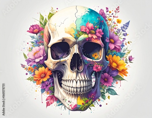 Vibrant Floral Skull A Colorful Artistic Depiction of Life and Death