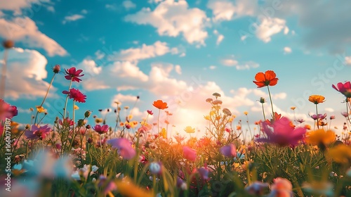 field of spring flowers and perfect sky