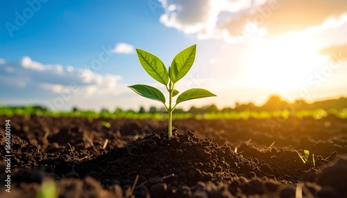 Young plant growing in soil at sunrise represents new life and hope
