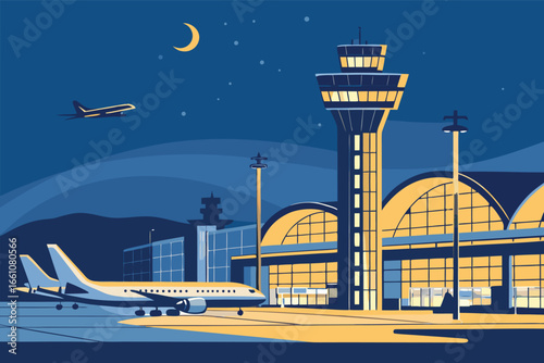 Illuminated night airport terminal showcasing AI integration with vibrant glowing windows, aviation, futuristic cityscape.