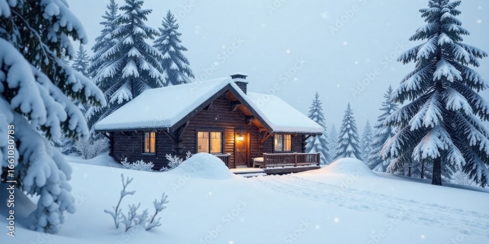 Secluded Winter Cabin Amidst a Snow-Covered Forest, Illuminated by a Warm Glow Secluded Winter Cabin Amidst a Snow-Covered Forest, Illuminated by a Warm Glow