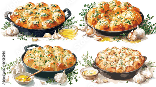 Watercolor painting of garlic pull-apart bread topped with butter, herbs, and cheese. Ideal for bakery packaging, Italian cuisine branding, or delicious homemade recipe illustrations.