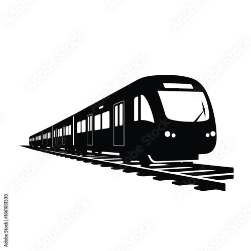 Silhouette of a modern train on tracks with multiple windows and a curved front design in black and white