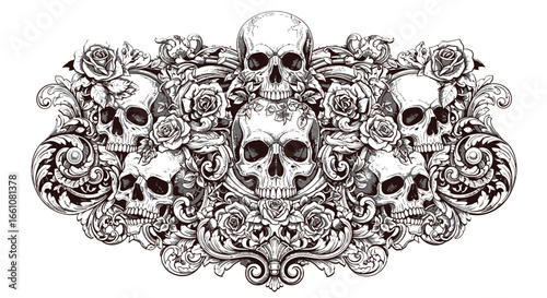 Dark Gothic Vector SVG Illustration with Skulls and Roses in Black and White Line Art Style
