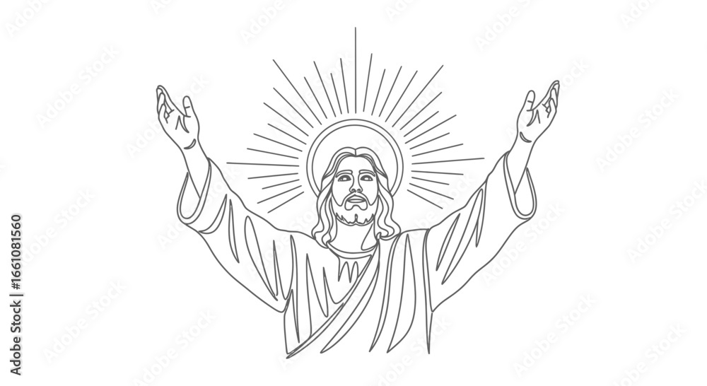 Fototapeta premium Line Art Vector SVG Illustration of Jesus Christ with Radiant Halo in Minimalist Religious Style for Web and Digital Design