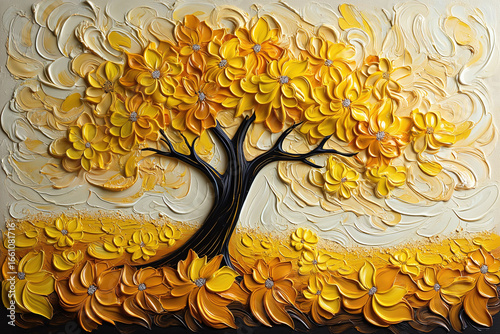 Vibrant impasto oil painting of a golden flowering tree with thick textured yellow blossoms on a light background.