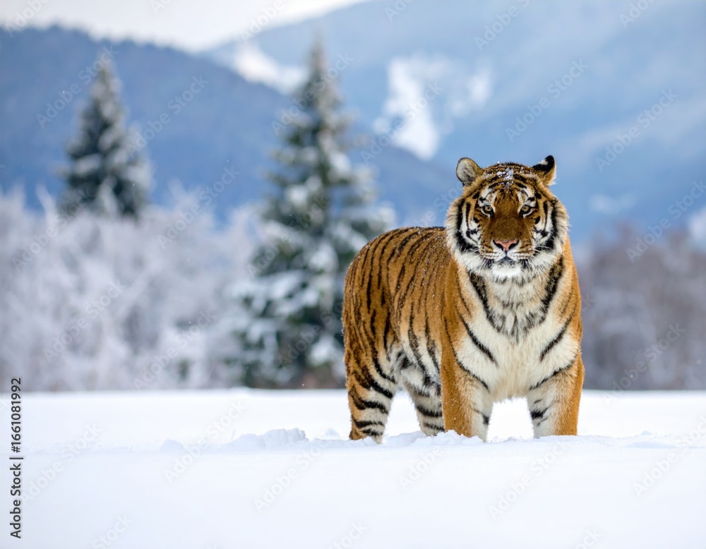 Fototapeta premium Siberian tiger standing in snowy landscape