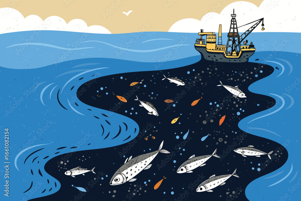Naklejka premium -oil-spill-floating-on-ocean-surface-with-dead-fis.eps