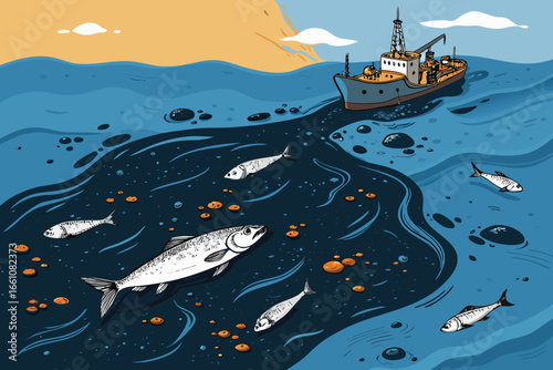 Oil slick on azure ocean, iridescent sheen, dead fish litter surface, environmental disaster, pollution, marine life peril.