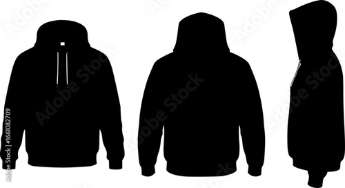 A design illustration of a hoodie featuring three views, white back ground, vector  