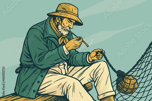 Aged mariner diligently repairs his fishing net, pipe smoke curling around his weathered face.