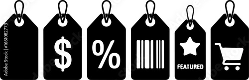 A row of black price tags with different symbols including dollar percentage and shopping cart icons on white