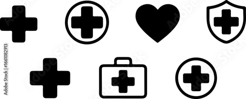 A collection of medical icons including crosses hearts and a medical kit in black and white style