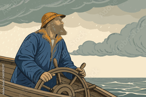An weathered old fisherman expertly pilots a rustic wooden fishing boat beneath a dramatic, overcast sky.