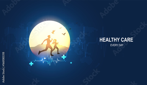 Healthy care every day with healthy lifestyle concept showing couple running under sun, heartbeat line, birds and medical symbols promoting heart care and wellness. healthcare medical focus heartbeat.