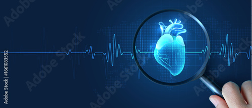 Fotografía Digital heart health concept with magnifying glass and heartbeat ECG line, cardiology diagnosis, medical innovation, healthcare technology, cardiovascular monitoring illustration