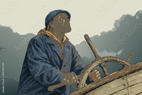 An weathered old fisherman navigates his sturdy wooden boat through a choppy sea under a dramatic, cloudy sky.