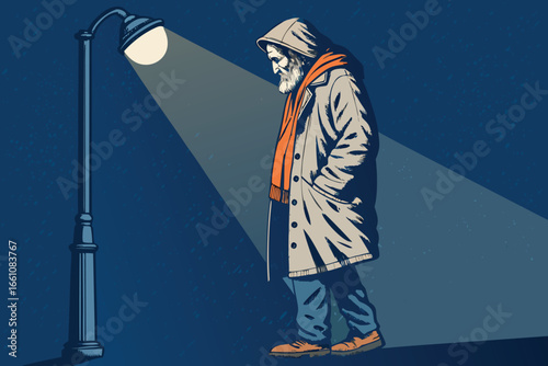 An aged, forlorn homeless man with tattered clothing, seeking warmth under a solitary, flickering streetlamp.