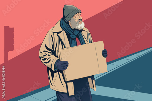 Elderly man with long white beard holding a worn cardboard sign stating "Help Wanted," standing on a busy city street.