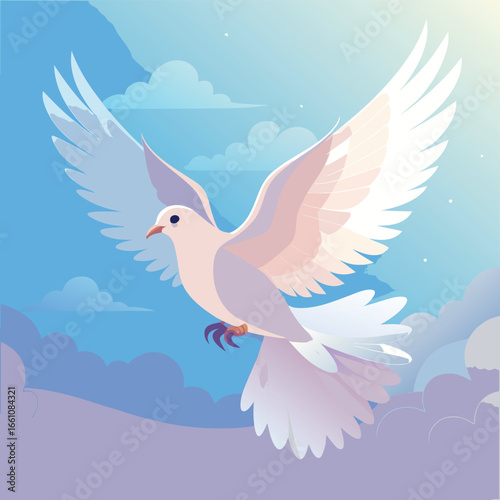 A majestic white dove in mid flight with wings outstretched symbolizing peace freedom and hope in a clean vector design