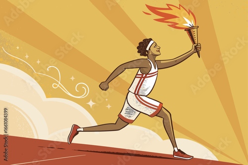 Dynamic olympic torch relay runner, fiery torch, triumphant stride, historic event, athletic pursuit, unwavering spirit.