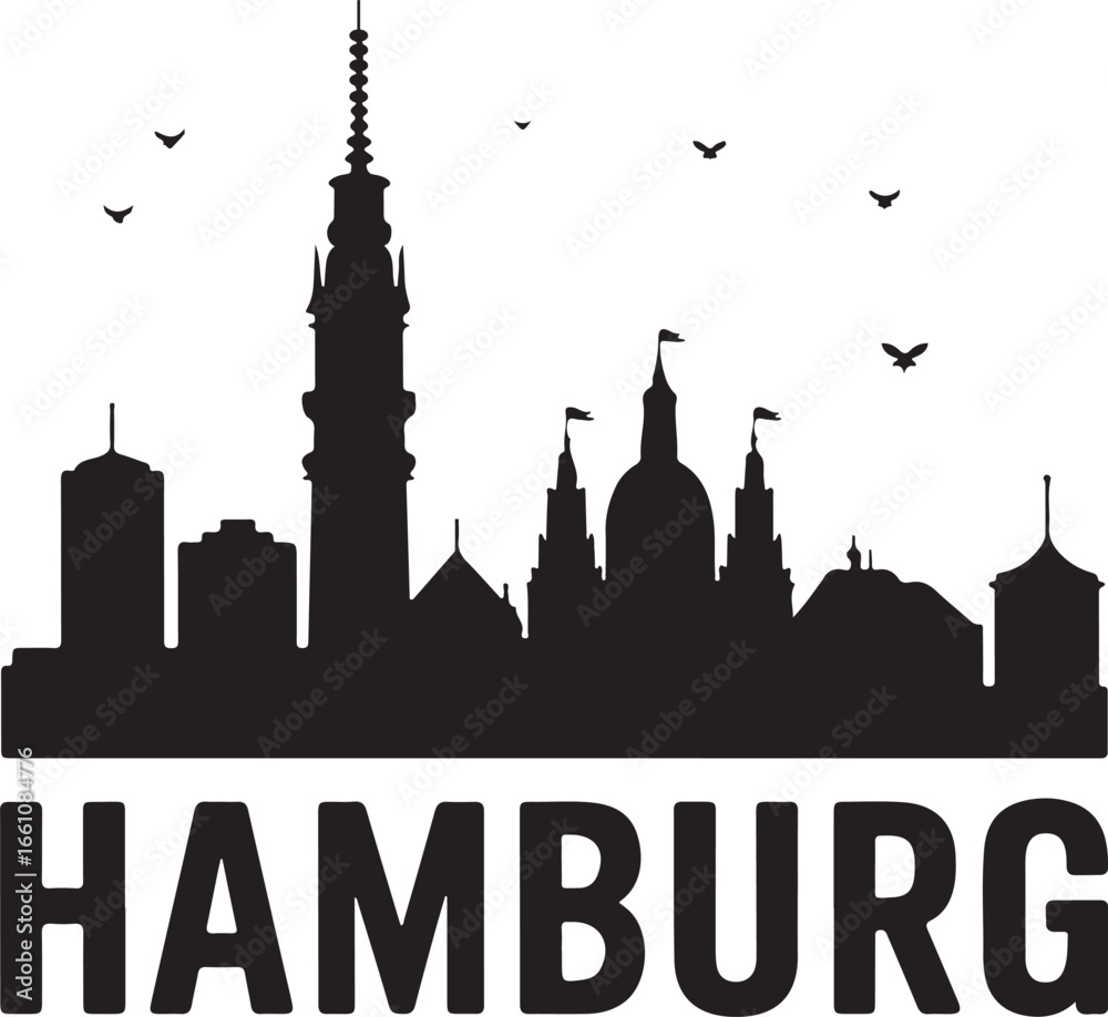 Fototapeta premium Hamburg Skyline Banner | Flat Black Silhouette Urban Cityscape