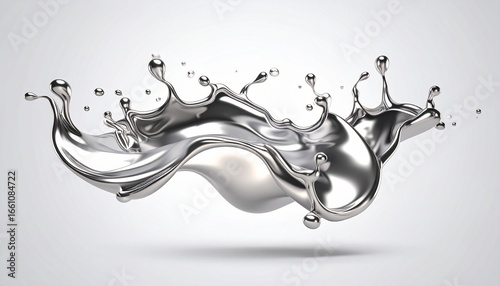 Metallic liquid splash suspended mid-air against a light grey backdrop, with dynamic droplets and fluid motion captured in high detail.