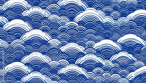 Traditional Japanese wave pattern in bold blue and white, featuring stylized ocean crests and swirling foam in horizontal rows.