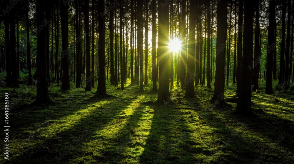 Fototapeta premium Sunlight filters through the trees, casting long shadows on the forest floor.