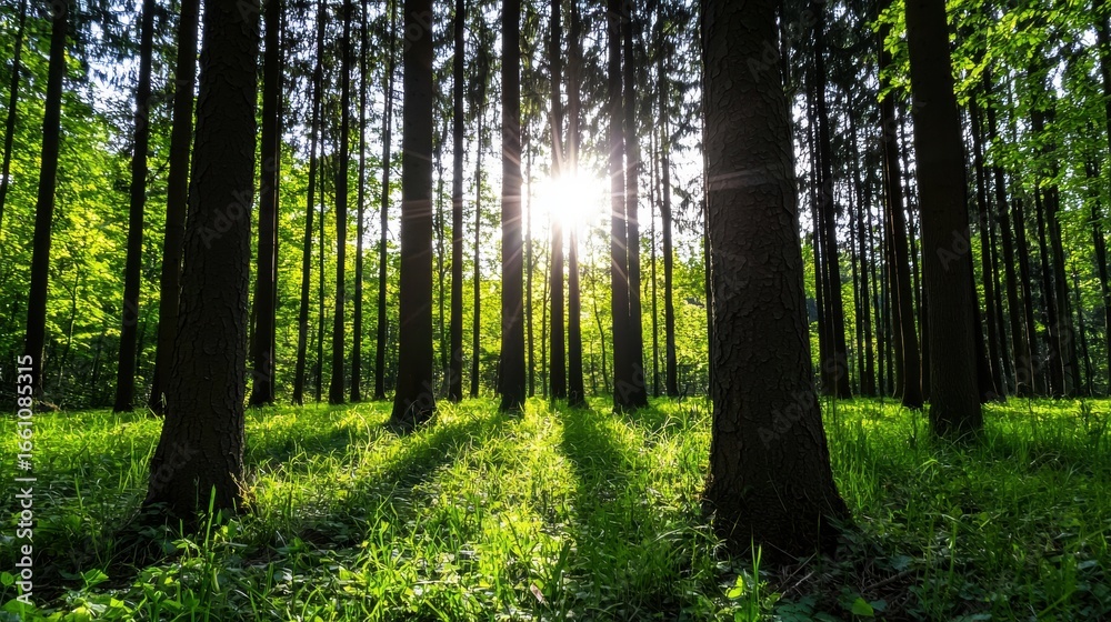 Obraz premium Sunlight filters through the trees, casting long shadows on the forest floor.
