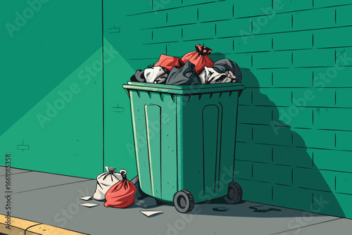 Overflowing trash bin in urban alley, starkly depicted with flat, bold graphic style.