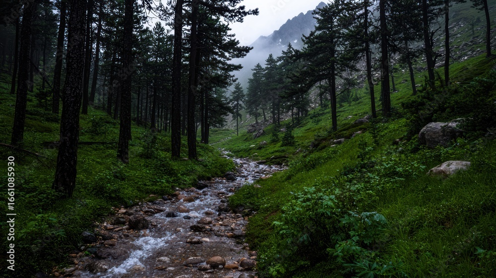 Fototapeta premium A small stream meanders through a lush forest, surrounded by tall trees and rocks.