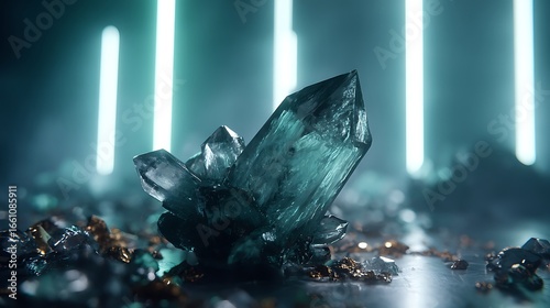 Emergent Crystal Growth in Dark Futuristic Environment with Neon Lighting