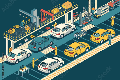 Overhead view of a vast, sunlit automobile assembly hall, showcasing rows of futuristic, unfinished vehicles on a production line.