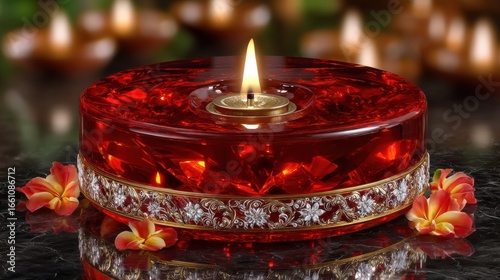 Captivating Delights of Delhi Diwali: A Red Candle Surrounded by Nature's Elegance on a Festive Table