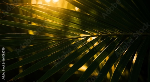 Close-Up of Palm Leaf Backlit by Golden Sunlight