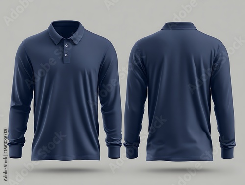 Men navy blue polo long sleeve shirt front and back view, Isolated blank front and back polo t-shirt for graphic design mock up

