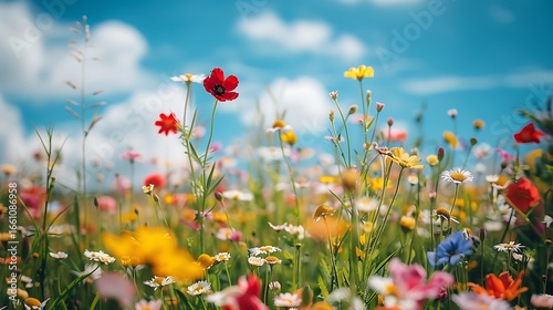 Fototapeta Naklejka Na Ścianę i Meble -  Flower meadow under a clear summer sky in color field