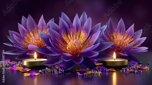 Embracing the Spirit of Diwali with a Minimalistic Composition of Purple Lotus Flower, Candles, and Crystals in Celebration of Good Over Evil
