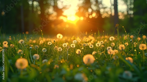Forest meadow with fresh green grass and dandelions at sunset. Selective focus. Beautiful summer nature background.