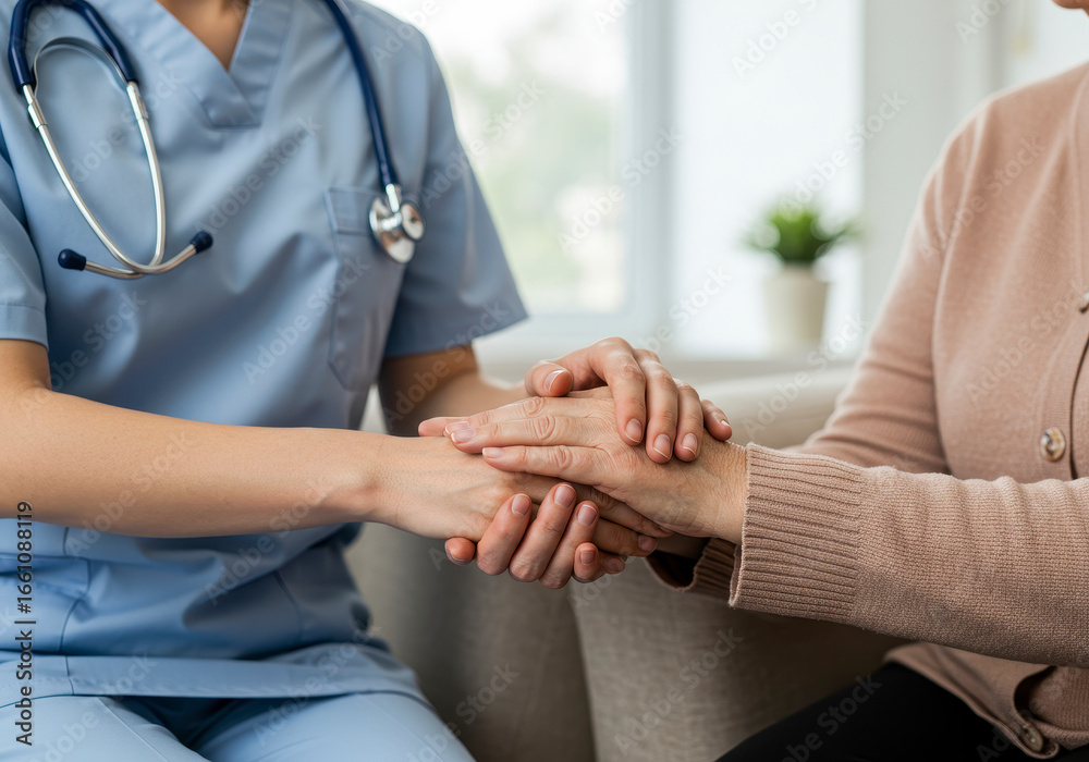 Fototapeta premium Compassionate Caregiver Offers Comfort and Support to Elderly Patient Holding Hands