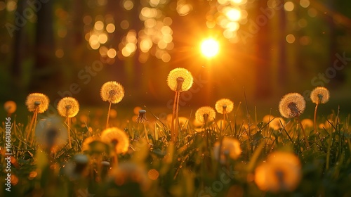 Forest meadow with fresh green grass and dandelions at sunset. Selective focus. Beautiful summer nature background.